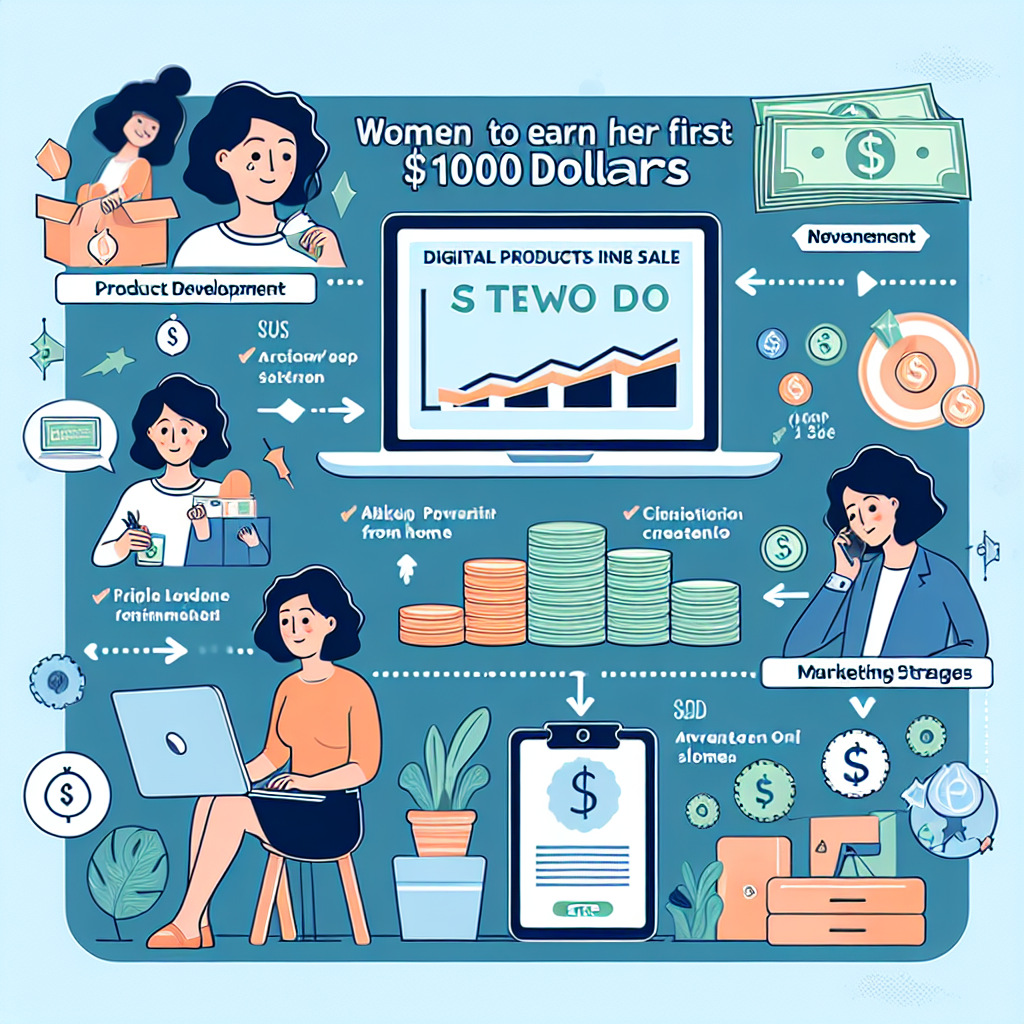 How to Get Your First 1000 dollars on digital products in 2024 for women in home